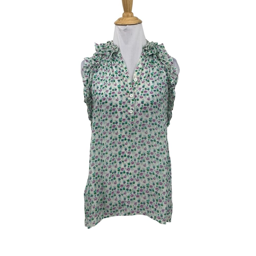 BCBGMaxazria Blouse Women XXS 2XS Floral Silk Blend Semi Sheer Ruffled Trim Top